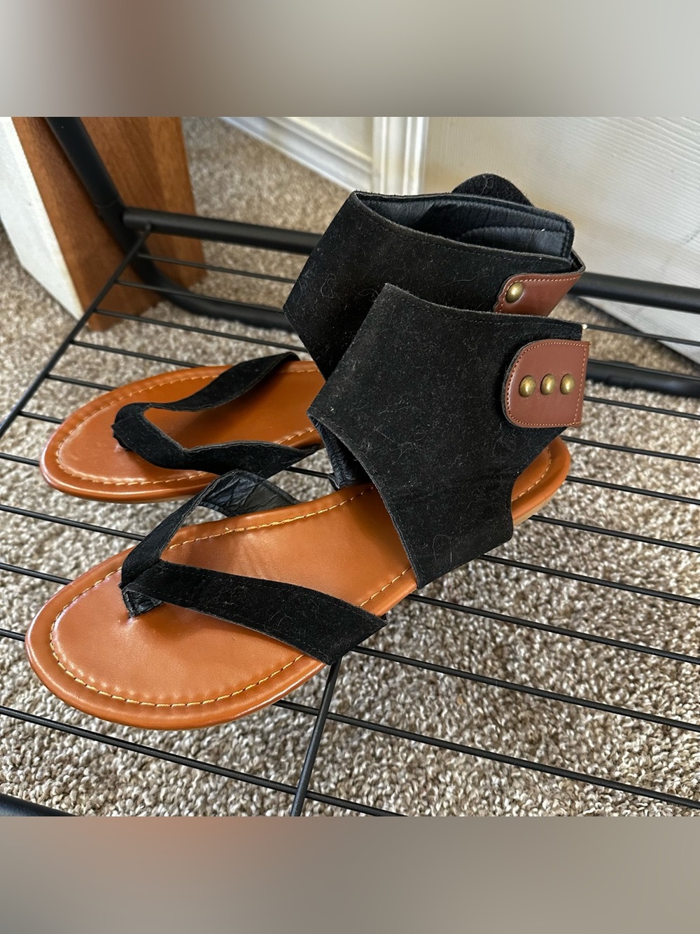 Sam Edelman Black Suede Ankle-Cuff Thong Sandals with Tan Footbed